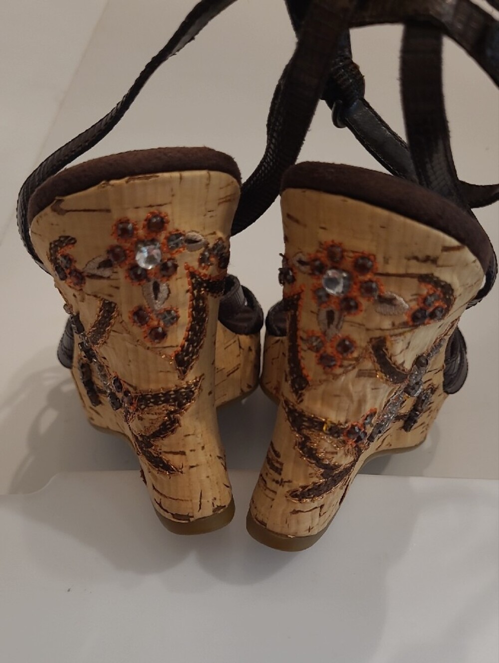 Bandolino Beaded Flower Accent Cork Wedge Sandals Bohemian Ankle Strap Heel Y2K - Picture 10 of 17